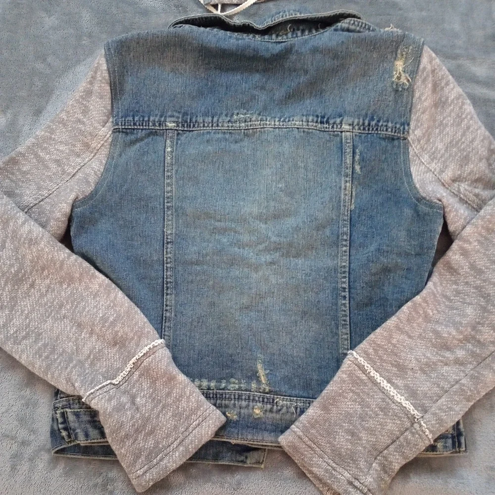 Free People Denim Jacket Women's Small Hooded Trucker Knit Hybrid Distressed - Picture 4 of 16